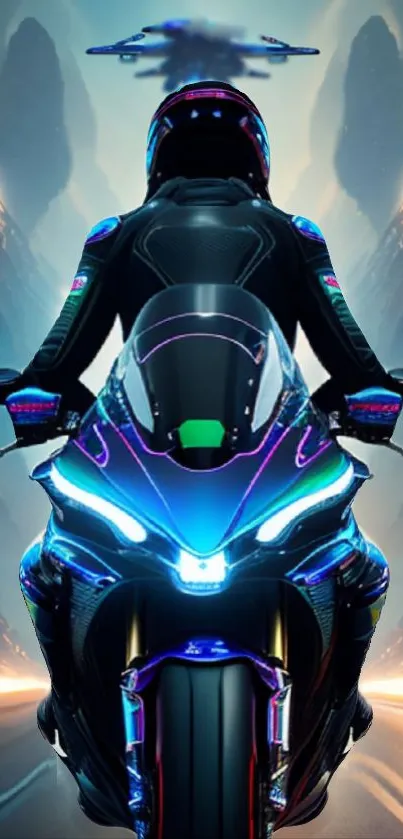 Futuristic motorcycle rider in neon-lit landscape.