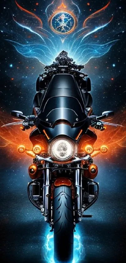 Futuristic motorcycle with vibrant light trails on cosmic background.