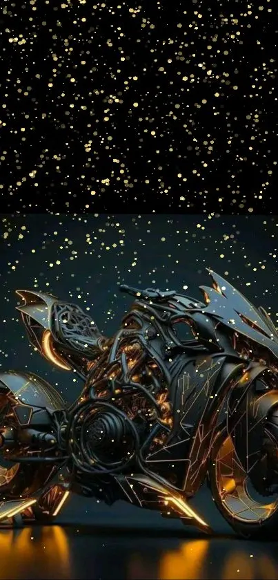 Intricate futuristic motorcycle art with golden accents and a starry backdrop.