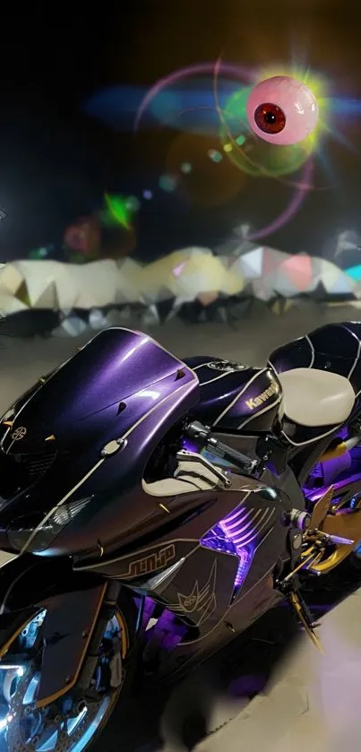 Futuristic neon motorcycle with artistic geometric background.