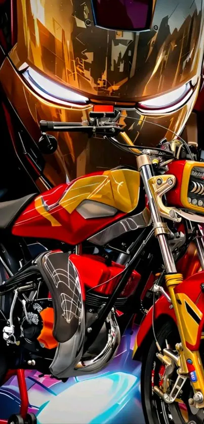 Futuristic motorcycle with vibrant design and colors in artistic wallpaper.