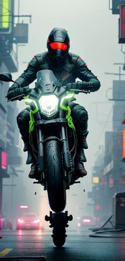 Futuristic motorcycle on neon-lit city street performing thrilling wheelie.