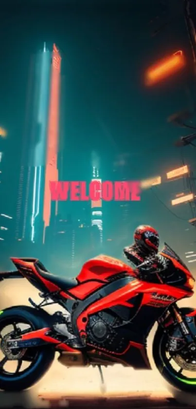 Futuristic motorcycle in neon cityscape wallpaper.