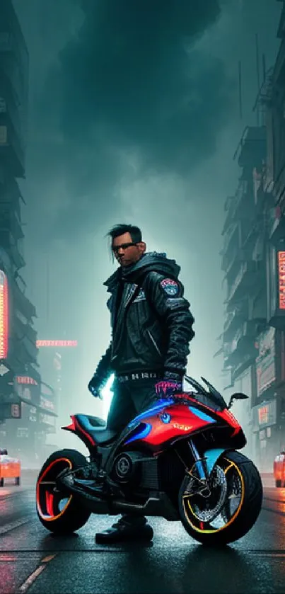 Futuristic city with a neon motorcycle at night scene.