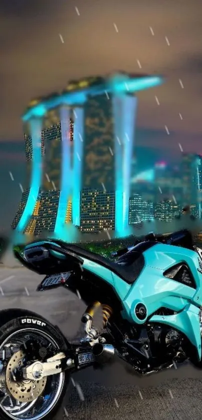 Futuristic motorcycle with cityscape background and neon lights.