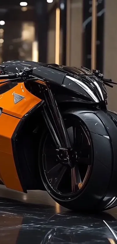 Futuristic motorcycle with orange and black design, sleek and modern.