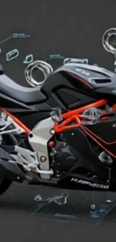 Futuristic motorcycle with digital enhancements on black background.