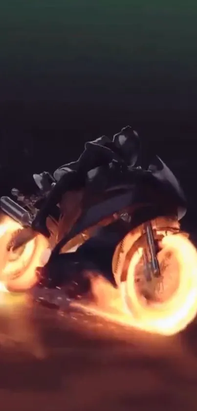 Animated motorcycle with flaming wheels in a dark, futuristic setting.