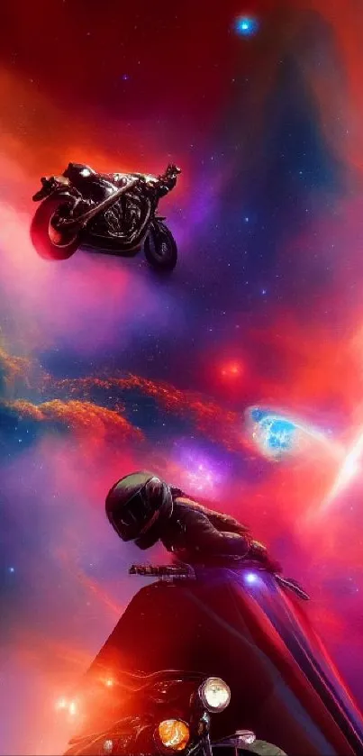 Futuristic motorcycles racing through a colorful galaxy in space.