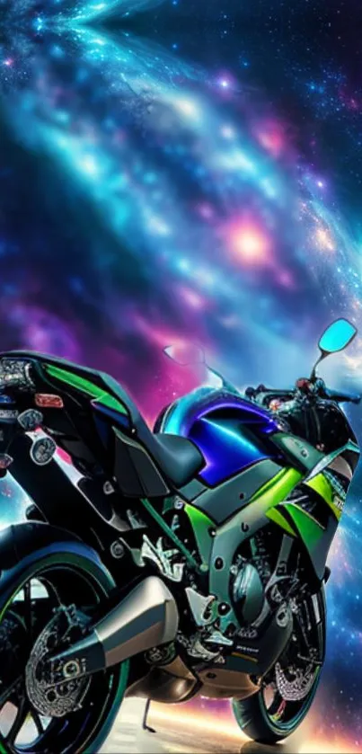 Futuristic motorcycle against a vibrant galaxy backdrop.