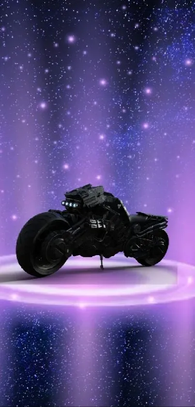 Futuristic motorcycle against a galaxy background.