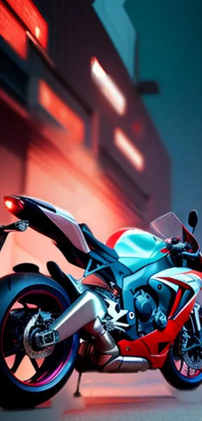 Futuristic motorcycle with neon glow in cityscape wallpaper.