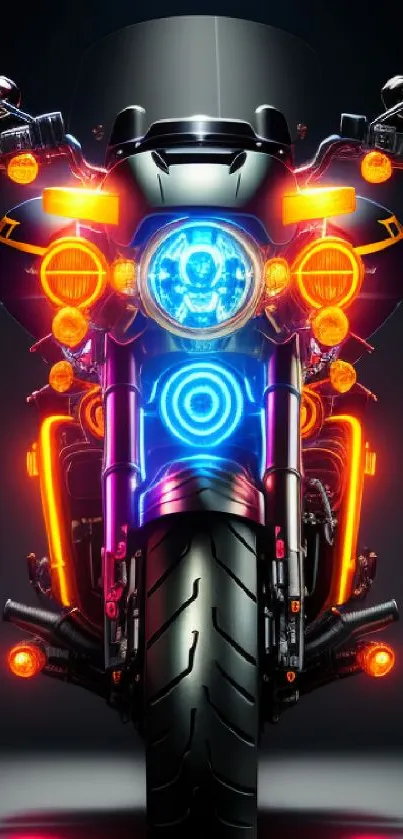 Futuristic motorcycle with neon lights and vibrant colors in a sleek design.