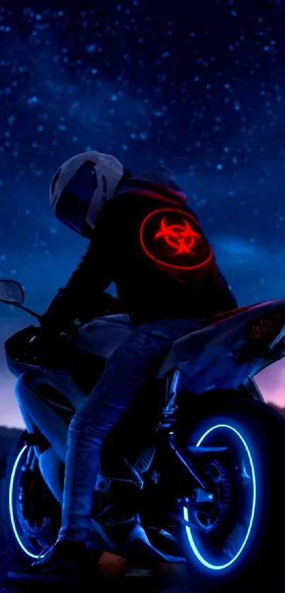 Motorcycle at night with glowing neon wheels and a starry sky.