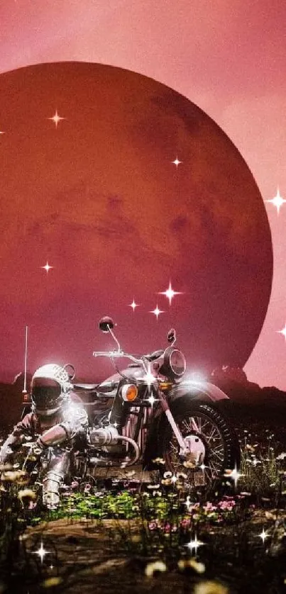 Motorcycle on alien landscape with large planet in background.