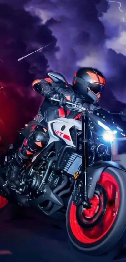 Futuristic motorcycle racing at night with neon lights and dark purple sky.