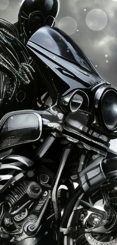 Futuristic rider on black motorcycle in sleek art style.