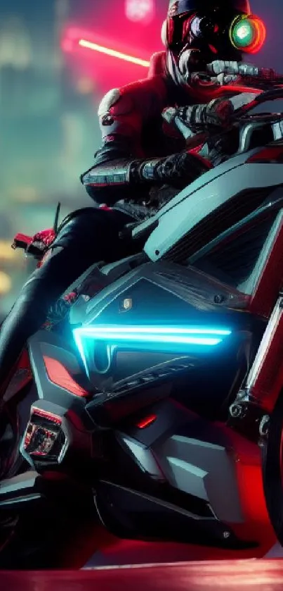 Futuristic motorcycle rider in neon-lit cityscape.