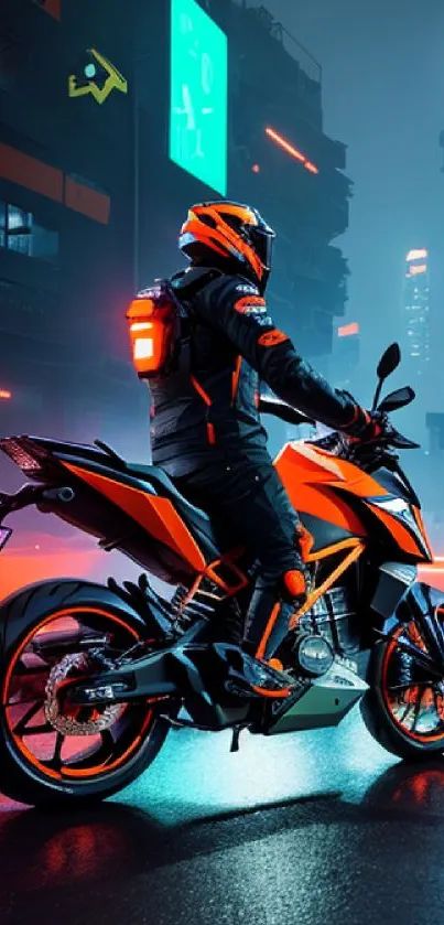 Futuristic motorcycle rider in neon-lit cityscape.