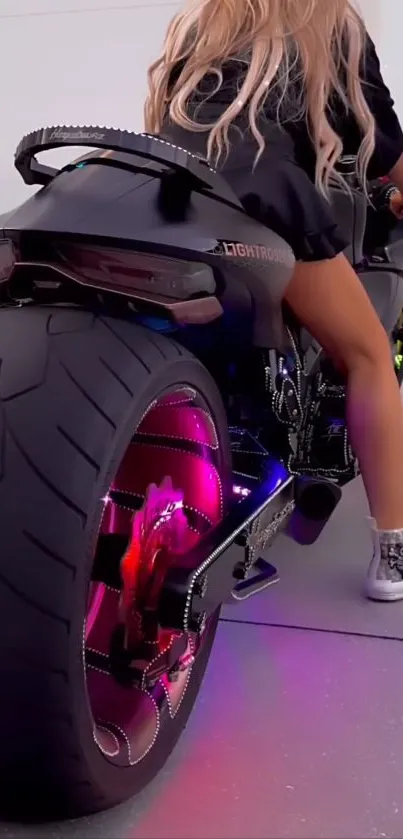 A futuristic motorcycle with neon lights and a stylish rider.