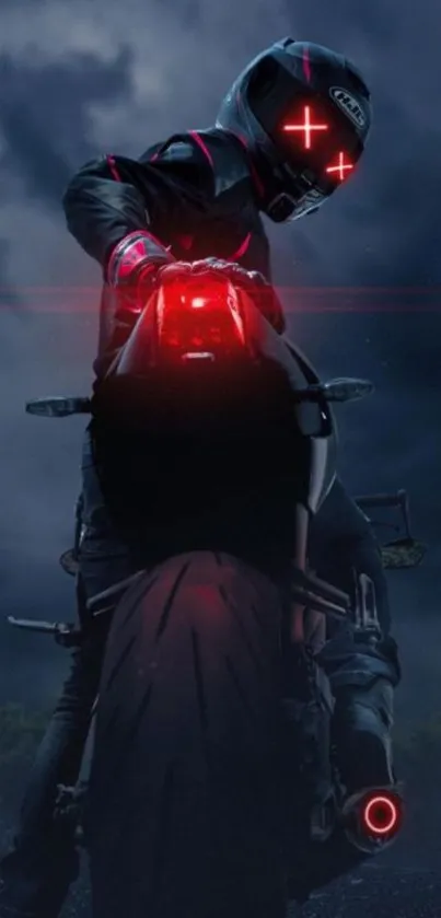 Futuristic rider on motorcycle with neon red lights at night.