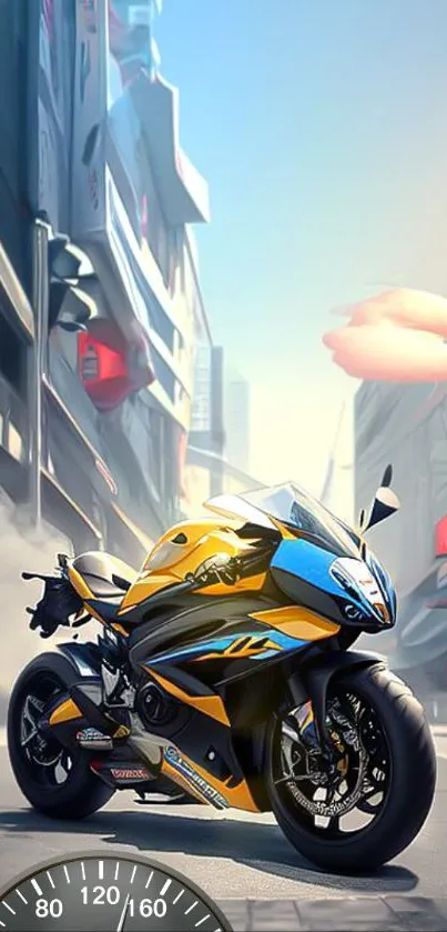 Futuristic motorcycle with sky backdrop on urban street, vibrant and dynamic.