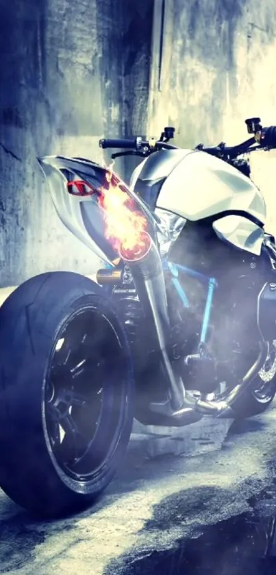 Futuristic motorcycle with flame effects on urban background.