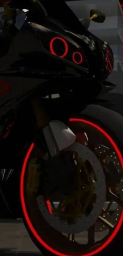 Futuristic motorcycle with red neon accents.