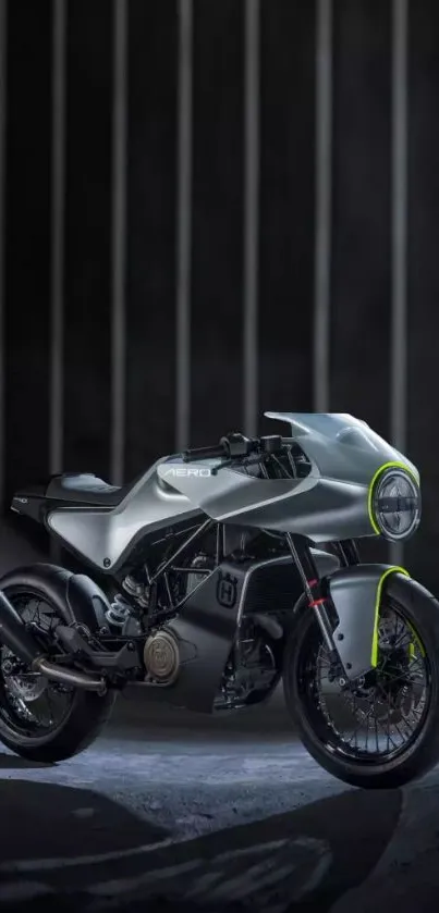 Futuristic motorcycle with sleek metallic design on dark background.