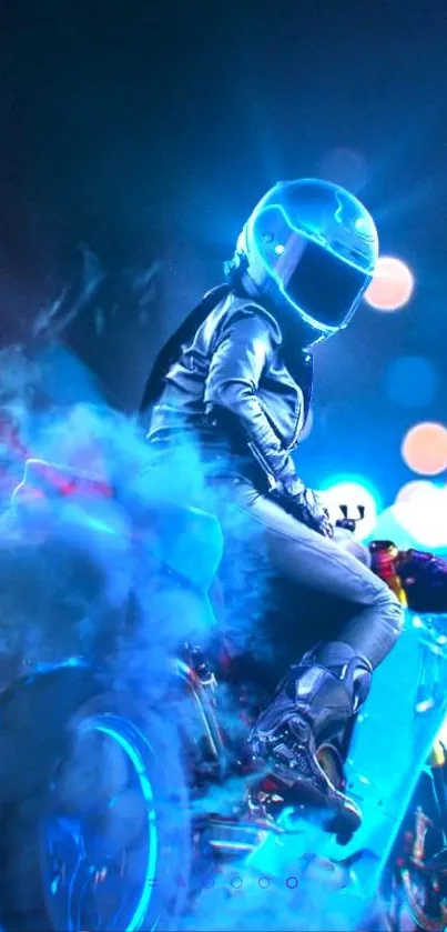 Neon-clad motorcyclist in futuristic city lights wallpaper.