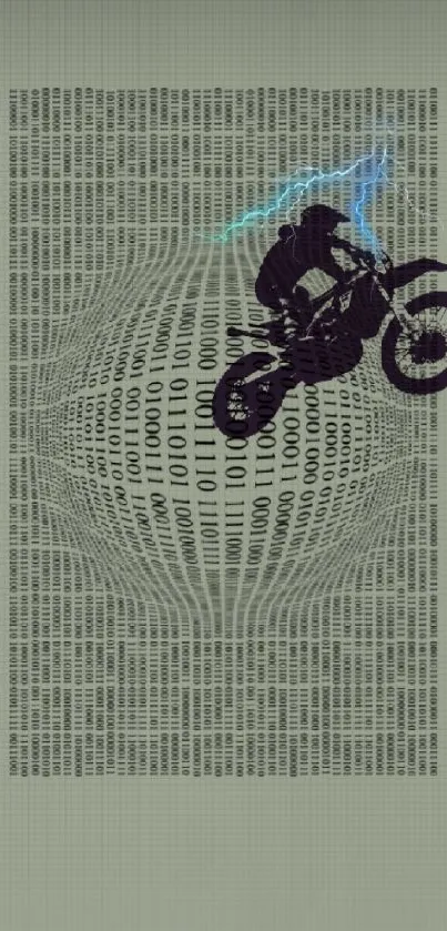 Futuristic motorcycle riding through binary code with electric graphics.