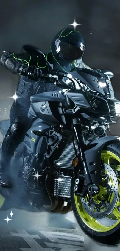 Futuristic black motorcycle with glowing wheels.