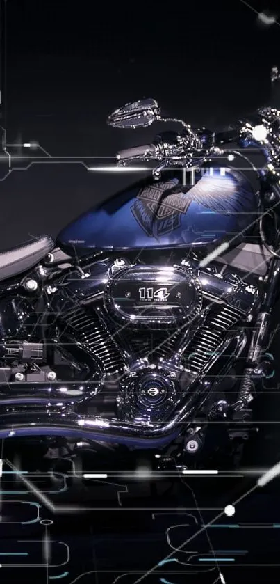 Futuristic motorcycle with digital elements and chrome highlights.