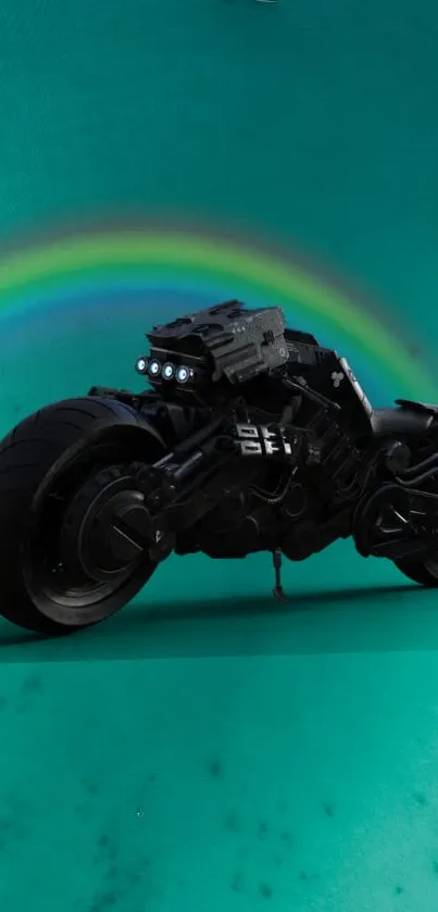 Sleek black motorcycle on teal background with rainbow accent.