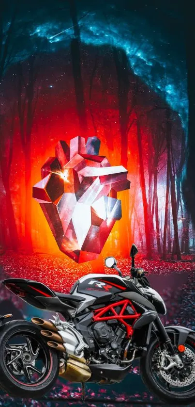 Futuristic motorcycle in vibrant forest with glowing geometric shape.