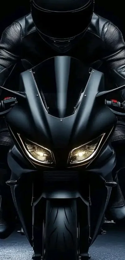 Futuristic motorcyclist in black gear on a sleek bike at night.