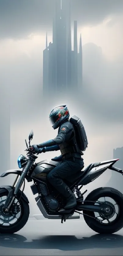 Futuristic motorcyclist in urban misty setting, perfect for adventure lovers.