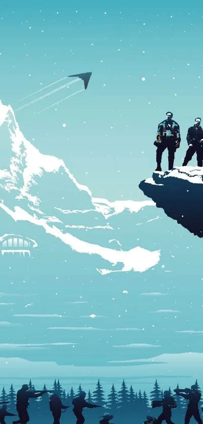 Futuristic mountain adventure wallpaper with silhouettes on a snowy peak.