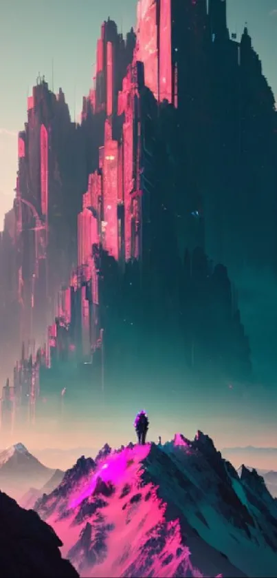 Futuristic cityscape with neon pink and mountain landscape.