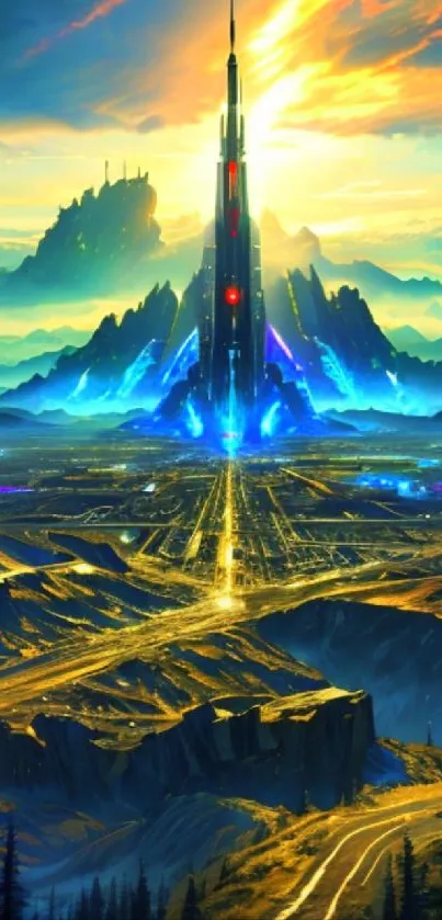 Futuristic cityscape at sunset with mountains and vibrant colors.