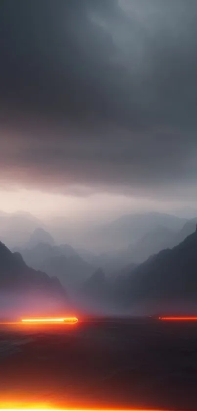 Futuristic mountains with glowing orange light against a dark, cloudy sky.