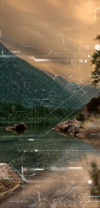 Futuristic lake scene with digital overlays, blending nature and technology.