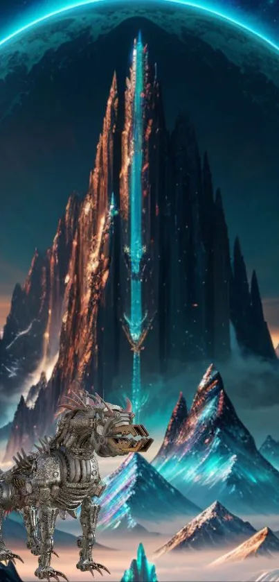 Futuristic mountain scene with mechanical creature and glowing teal accents.