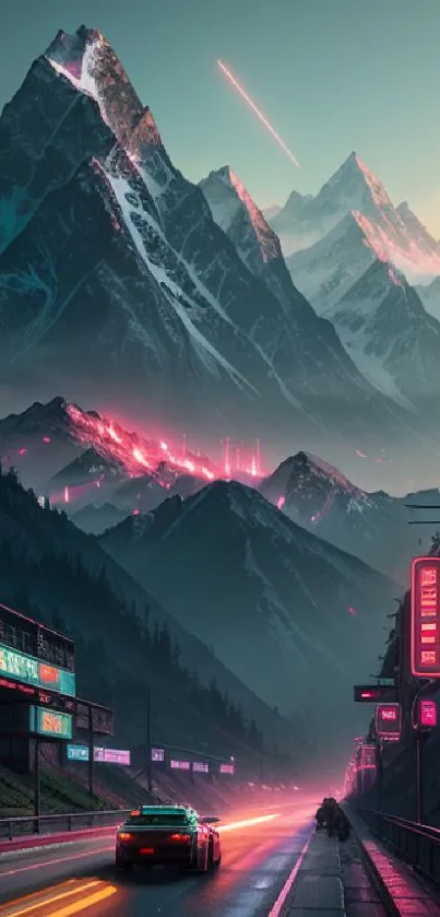 Futuristic road with neon lights amidst towering mountains at night.