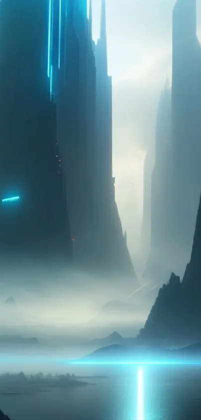 Futuristic misty mountain skyline with neon blue lights reflecting on water.
