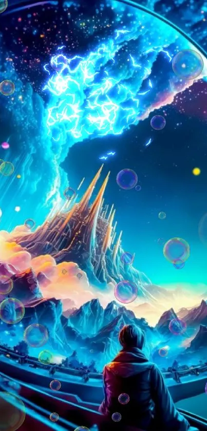Futuristic scene with neon mountains and cosmic sky.