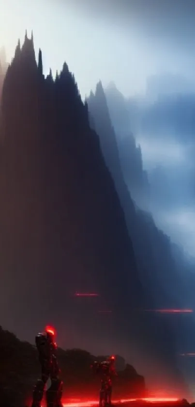 Futuristic mountain scene with red glow and mist.