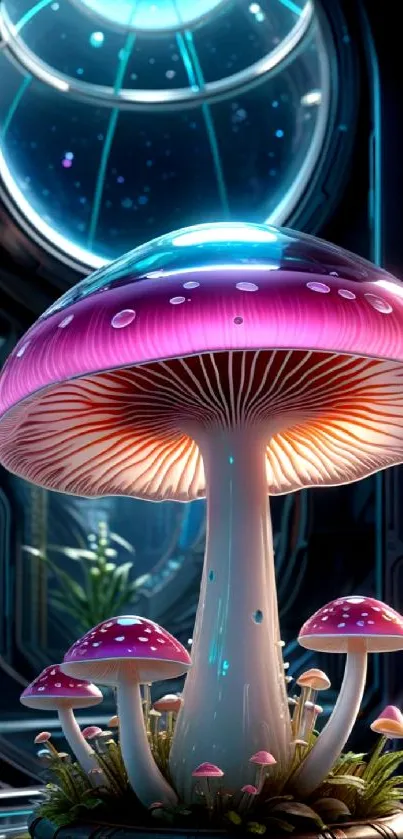 Futuristic mushroom mobile wallpaper with vibrant colors.