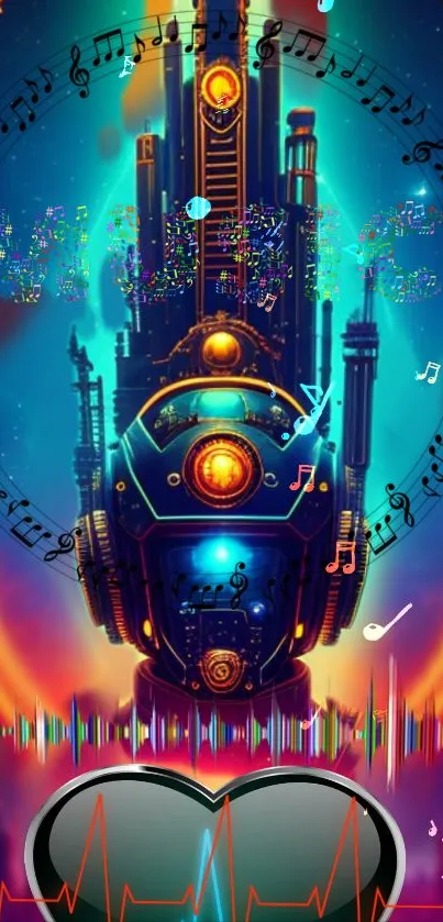 Futuristic city with musical notes and neon colors on phone wallpaper.
