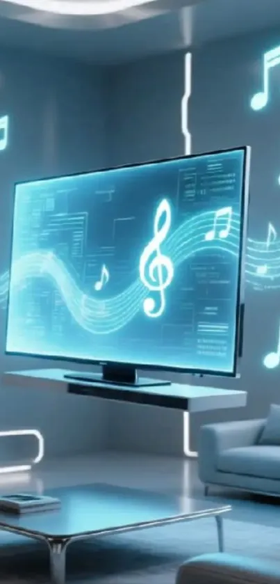 Futuristic living room with musical notes on a floating TV screen.